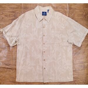 Caribbean Joe SZ Xl 100% Silk Hawaiian Button Down Shirt Beige/white Palm Leaf